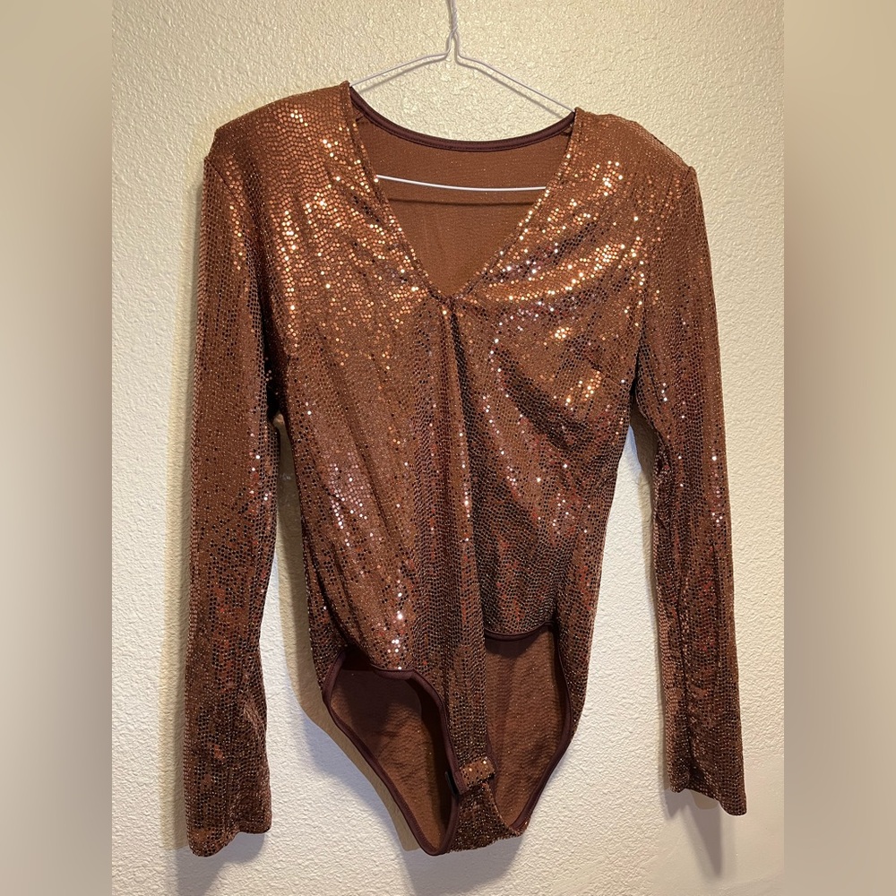 Sequin Long Sleeve Bodysuit - Brown